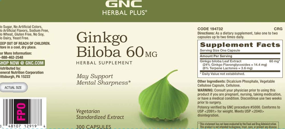 Vegetarian, gluten-free Ginkgo Biloba bottle on white background