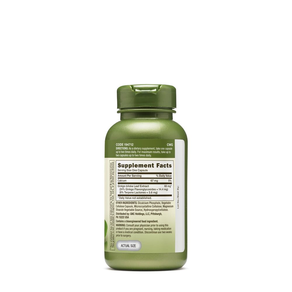 Close-up of GNC Herbal Plus Ginkgo Biloba 60mg label showing 100 servings
