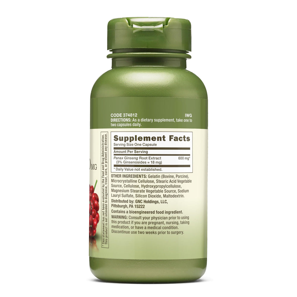 Close-up of GNC Herbal Plus Panax Ginseng 600mg packaging