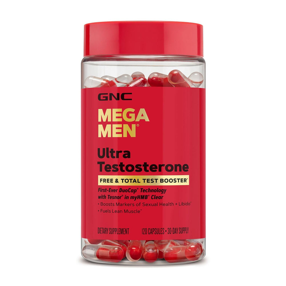 GNC Mega Men Ultra Testosterone bottle and capsules support daily vitality.