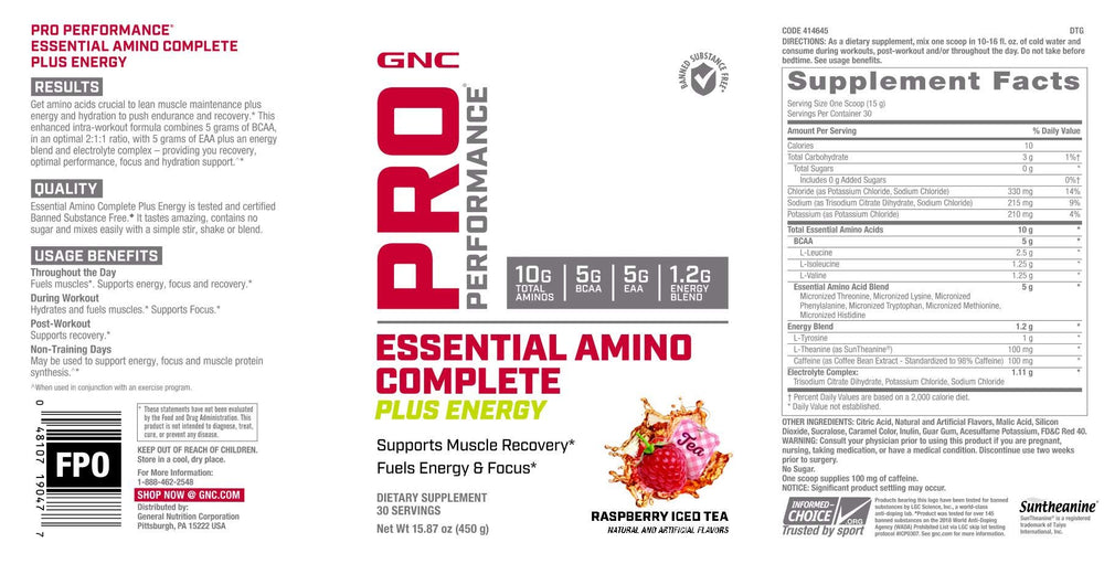 GNC Essential Amino Complete Plus Energy Raspberry Iced Tea serving image