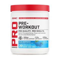 GNC Pro Performance Pre Workout Blue Raspberry tub front label