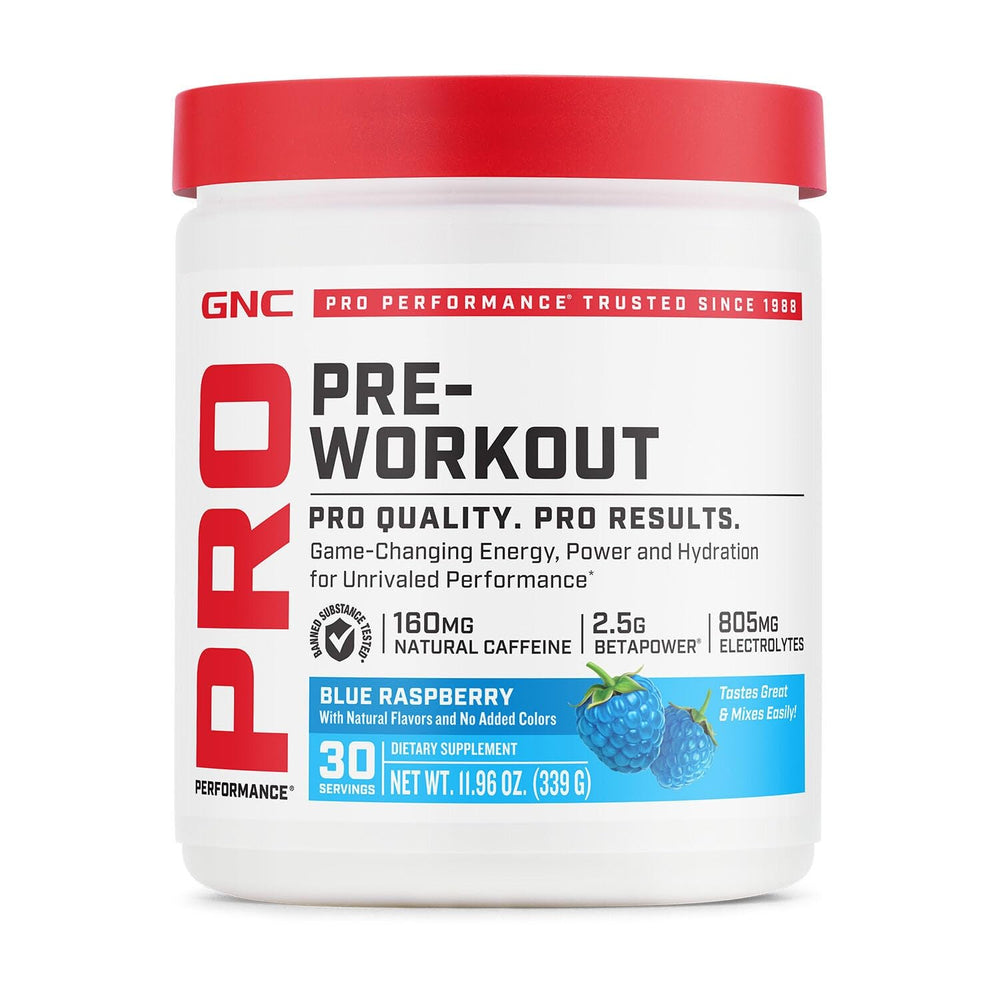 Front view of GNC Pro Performance Pre-Workout Blue Raspberry 30 Servings bottle