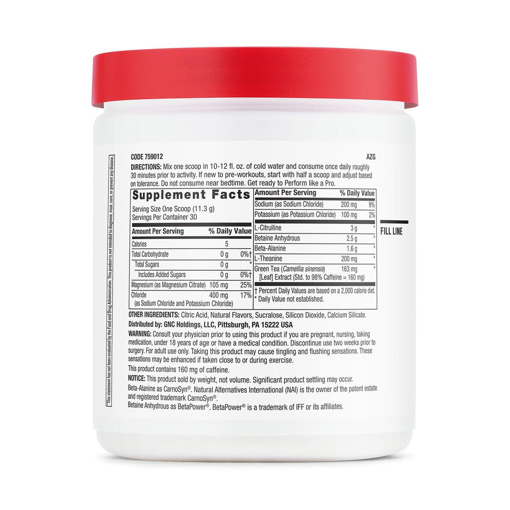GNC Pro Performance Pre-Workout label Blue Raspberry