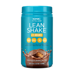 GNC Total Lean Lean Shake bottle in Chocolate Peanut Butter, caffeine-free protein for weight management.