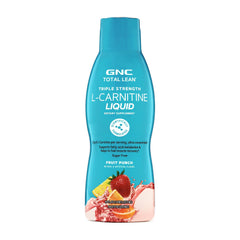 GNC Total Lean Triple Strength L-Carnitine Liquid bottle pour demonstrates sugar-free support for fatty acid metabolism.