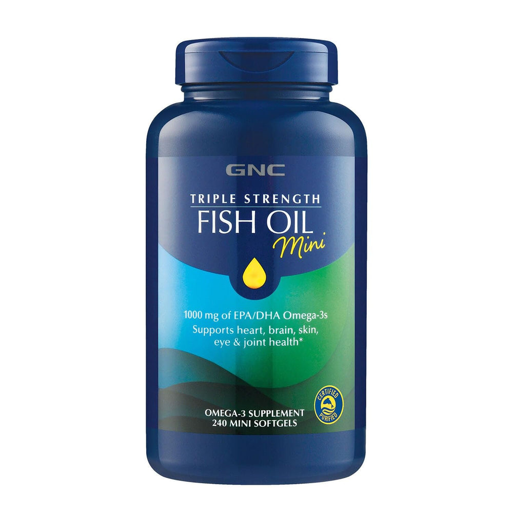 GNC Triple Strength Fish Oil Mini Omega-3 bottle with label