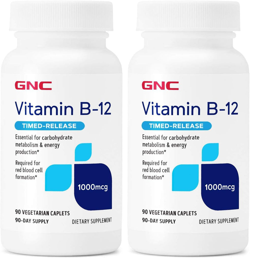 GNC Vitamin B-12 1000mcg bottle and caplets, pack of 2