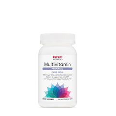 Label highlighting calcium 600 mg, iron 18 mg, and zinc 15 mg on GNC Prenatal vitamins