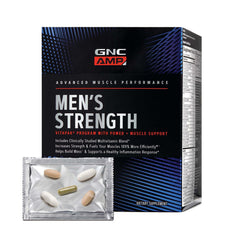 GNC AMP Men’s Strength Vitapak Program bottle and packaging on desk