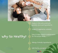 Graphics highlighting vitamins for women, men and teens