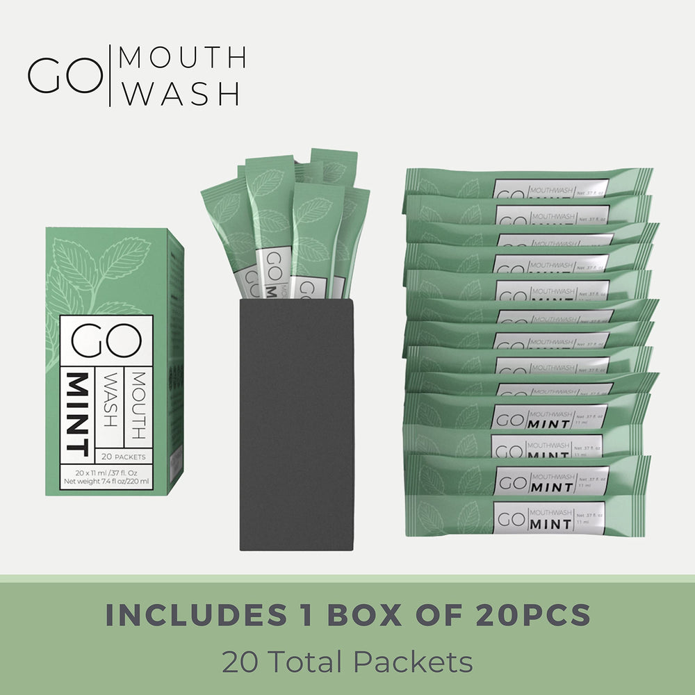 Packaging design of GO Travel Size Mouthwash Packets 6-pack