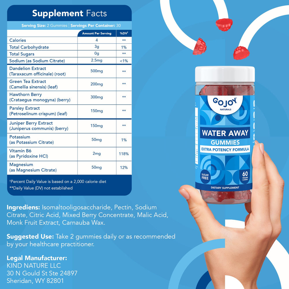 GOJOY NATURALS Water Away Gummies vegan, non-GMO, gluten-free symbol