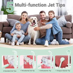 Package contents: flosser, travel bag, 5 nozzles, manual, USB cable