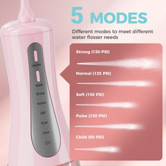 Package contents: flosser, 5 nozzles, USB cable, manual, travel bag