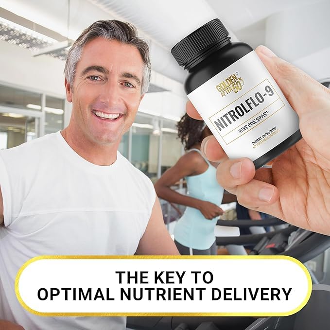 Golden After 50 NitrolFlo-9 energy glow lifestyle image suggests sustained stamina