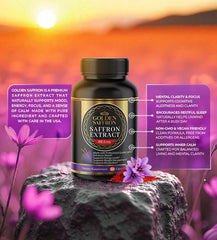 Close-up of saffron extract capsules showing 88.50 mg per serving