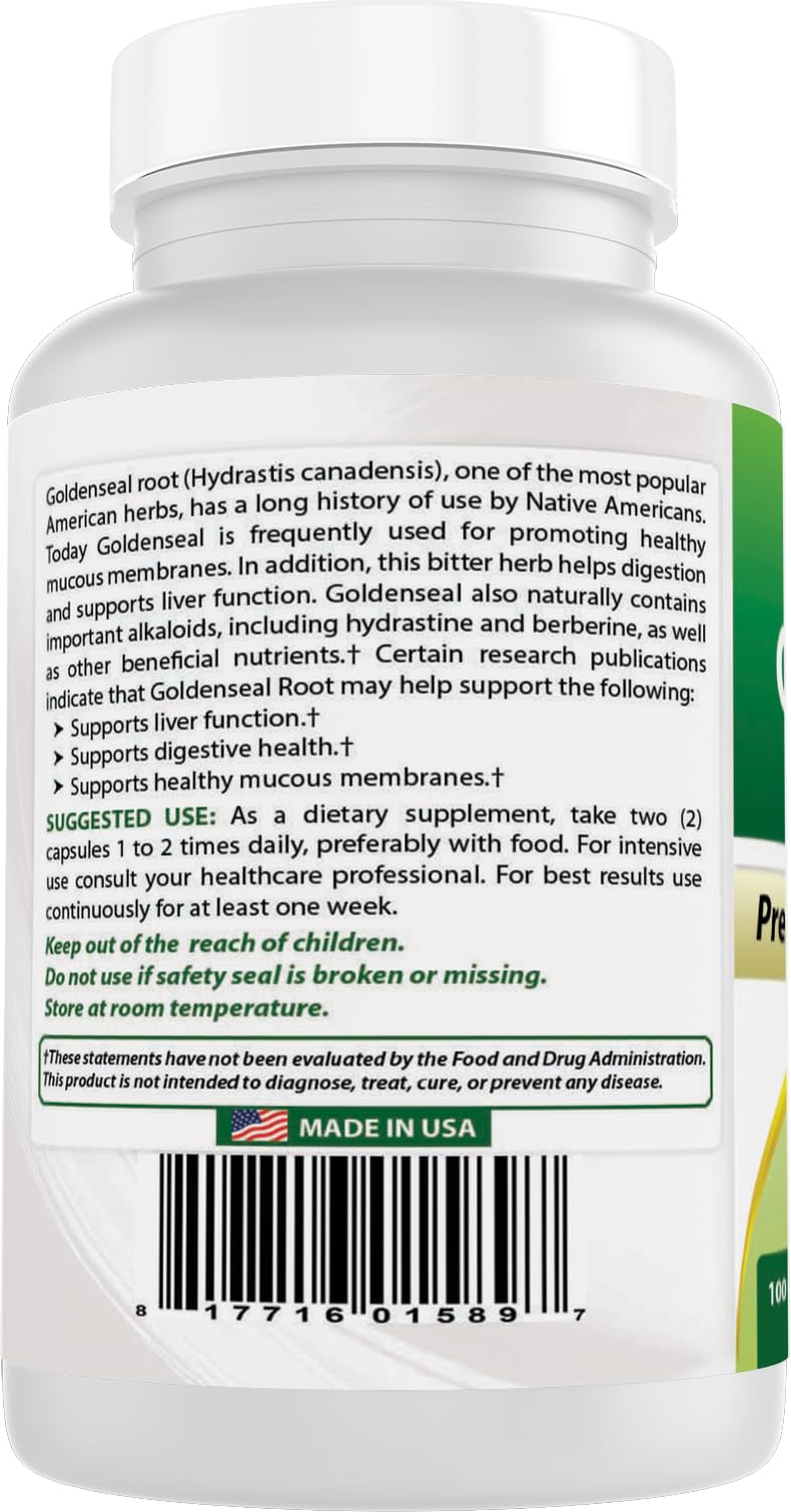 Goldenseal root product with bottle and capsules