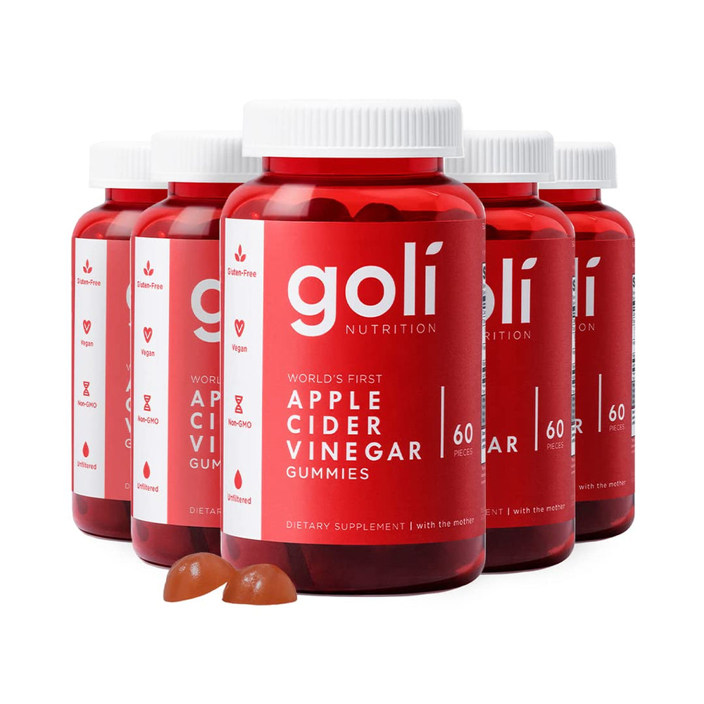 Goli ACV gummies bottle highlighting vegan, gluten-free formulation for daily wellness.