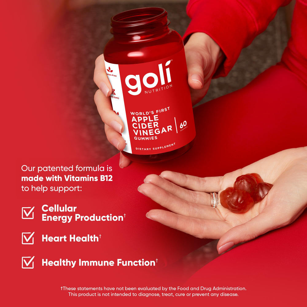 Goli open jar with gummies visible highlighting convenient daily supply