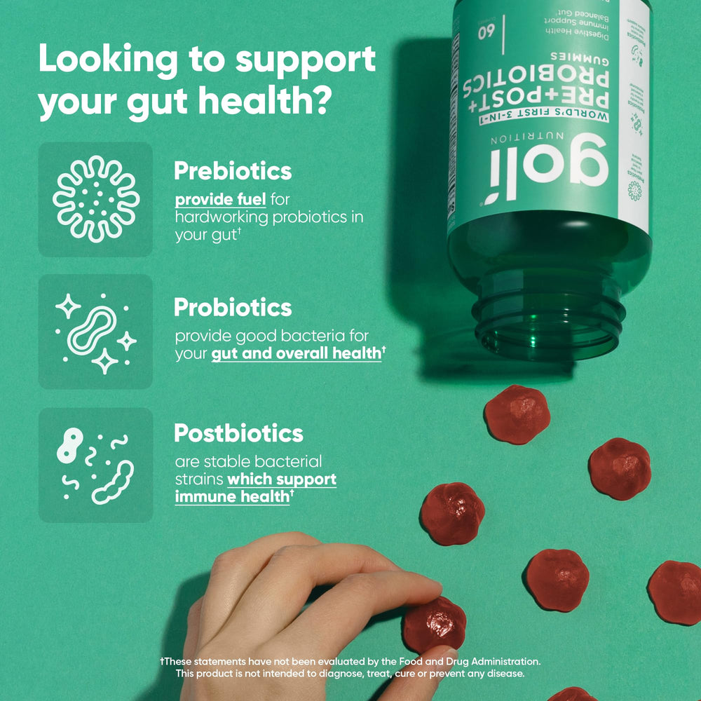 Goli gummies close-up highlighting tasty fruit flavor and probiotic blend.