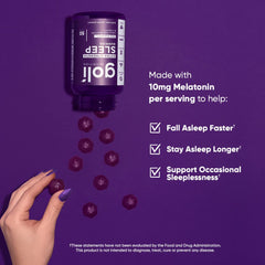 Goli Sleep Gummies label highlighting vegan, non-GMO, gluten-free and gelatin-free