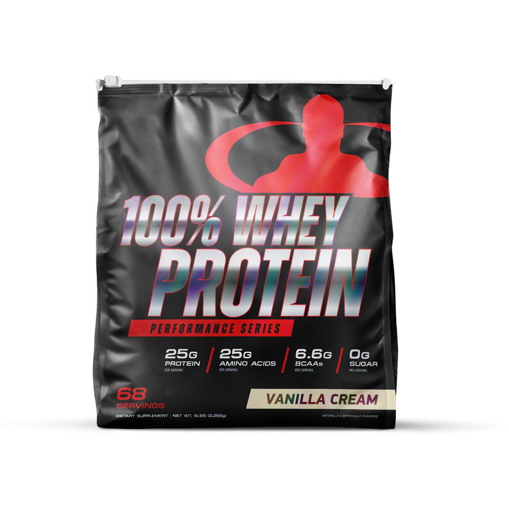 Goliath Labs whey vanilla powder bag highlighting high protein for lean muscle