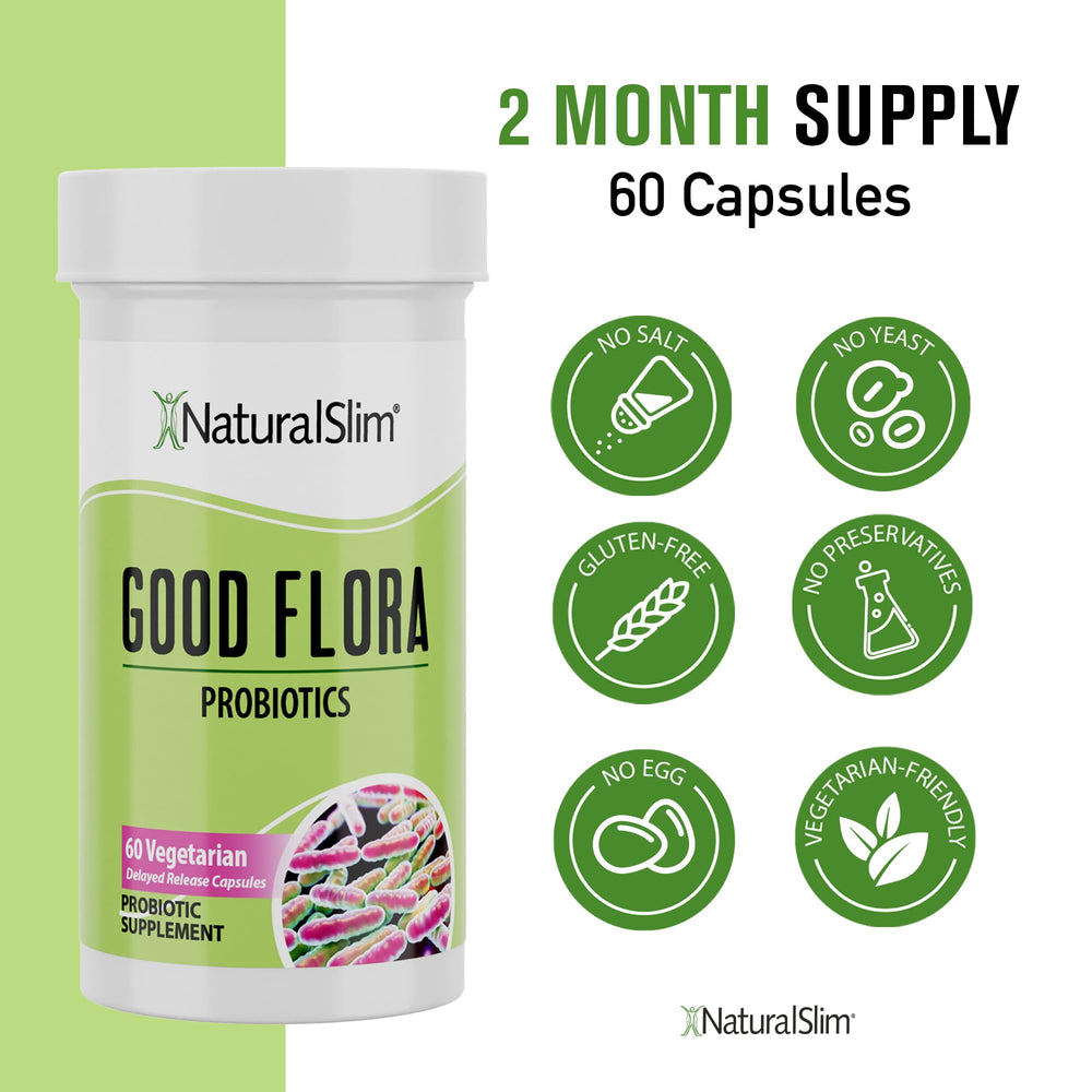 Front of Good Flora probiotic box with digestive health messaging