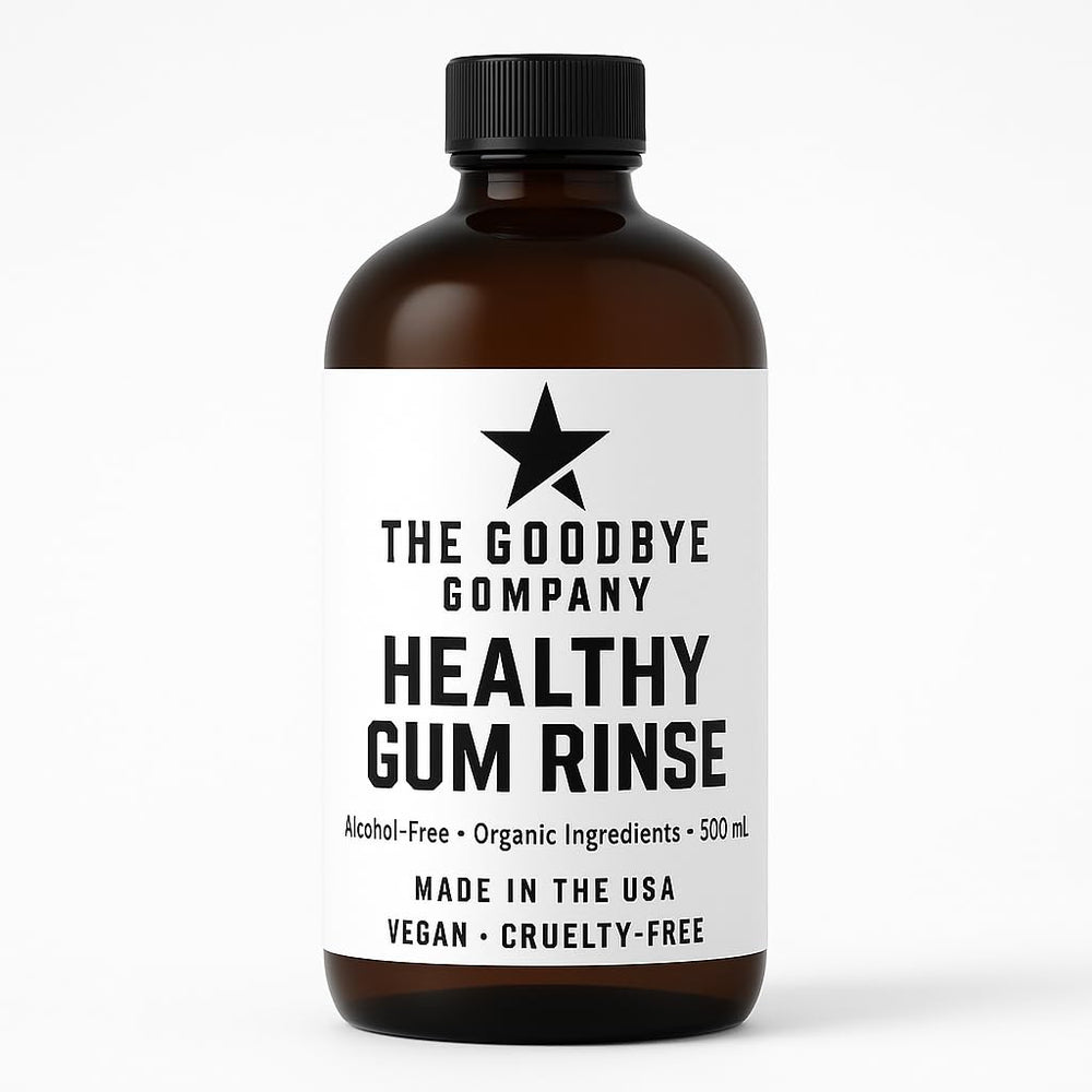 Front view of The Goodbye Company Healthy Gum Rinse 500ml bottle