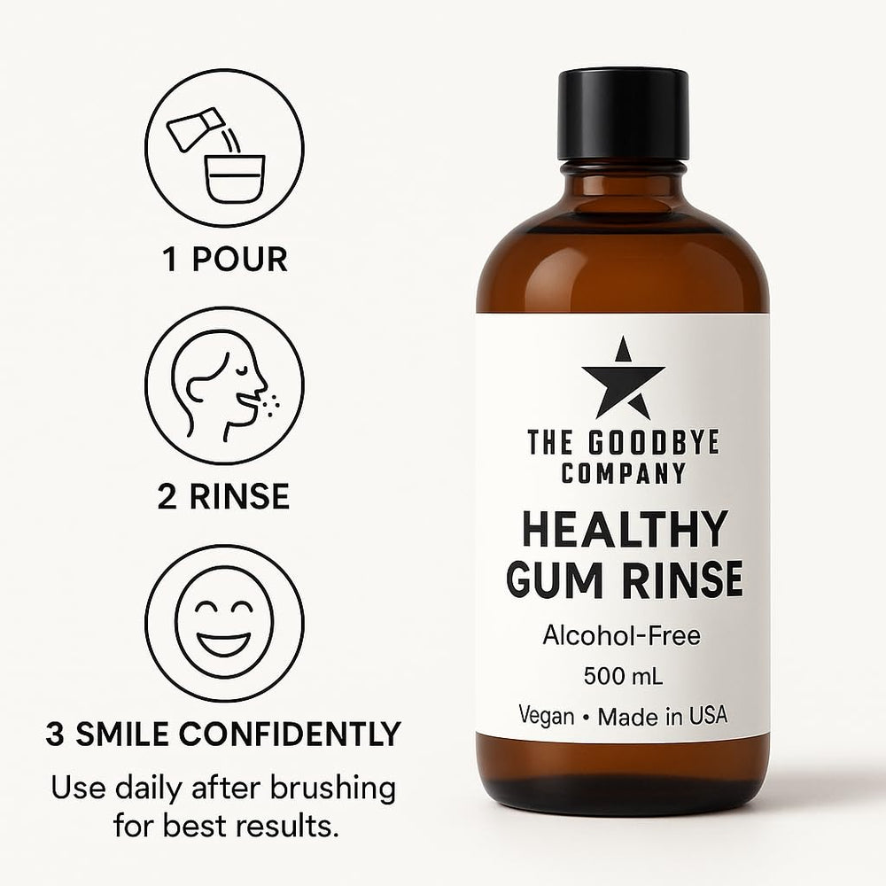 Organic label and product certifications on The Goodbye Company gum rinse