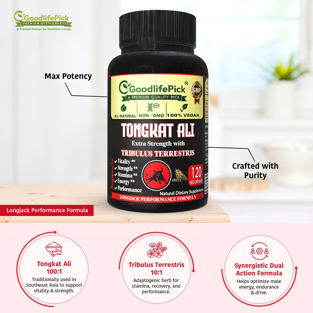 GoodlifePick Tongkat Ali Tribulus ingredients origin signifying pure, vegan, non-GMO quality