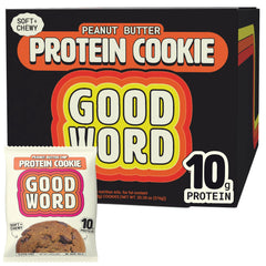 Good Word peanut butter protein cookie soft-chewy close-up for a protein-packed snack.