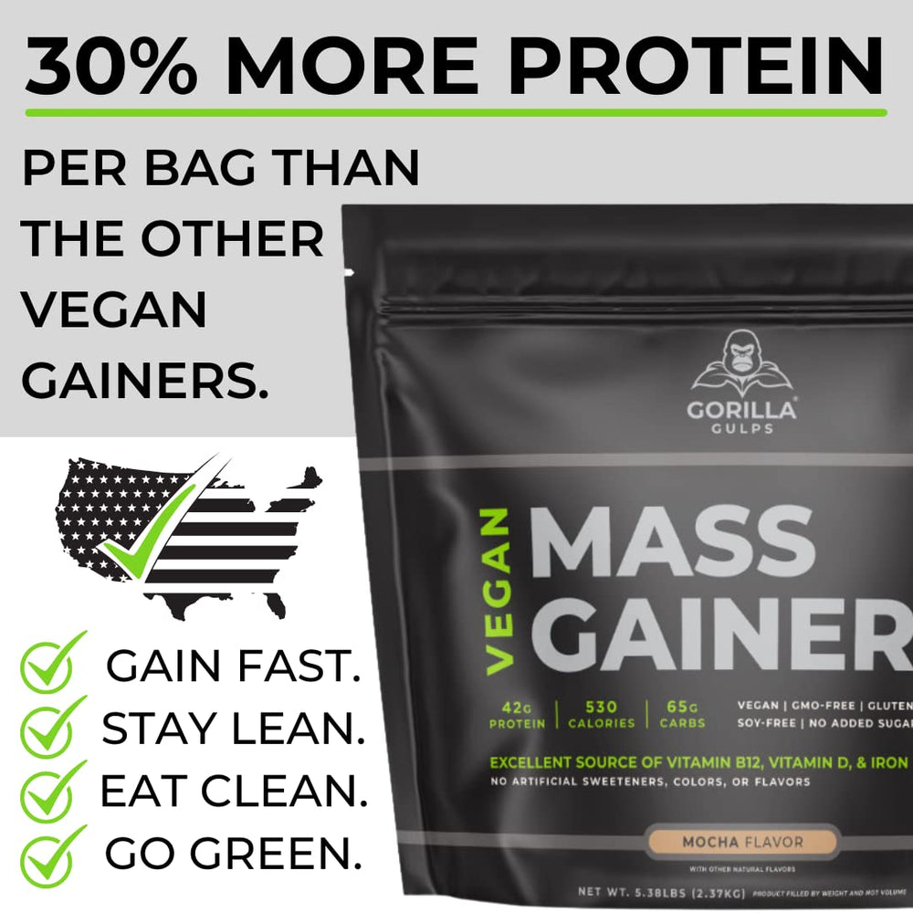 Gorilla Gulps Mocha Vegan Mass Gainer side view with scoop