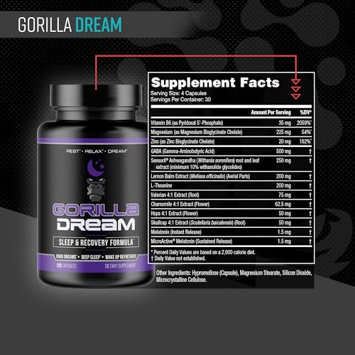 Gorilla Mind Dream ingredients list including GABA, melatonin, valerian root