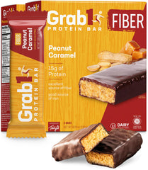 Grab1 high-fiber protein bars peanut caramel pack showcases value and flavor