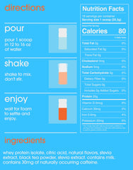Back label with nutrition facts on GRAMMS Clear Protein Peach Tea packets