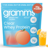 Hero image of GRAMMS Clear Protein Peach Tea packets showing 18 servings