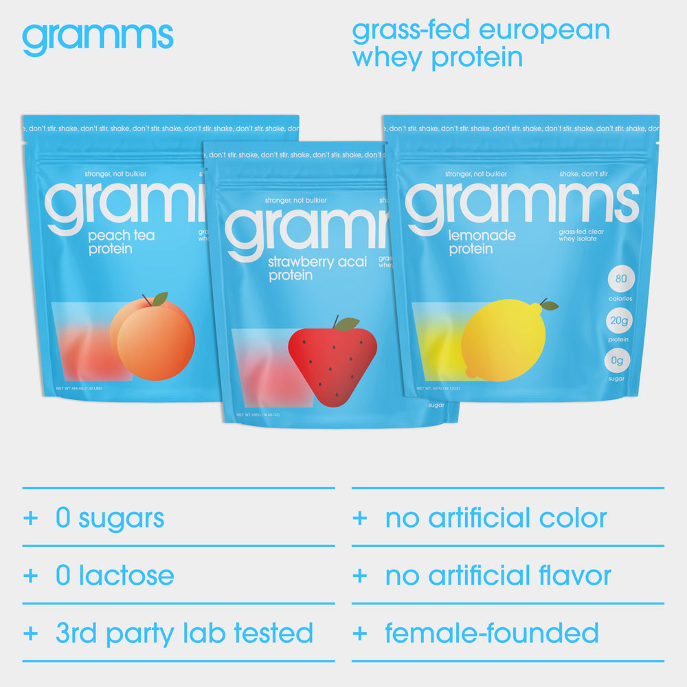 GRAMMS gluten-free zero-sugar label promotes clean ingredients and digestion comfort.