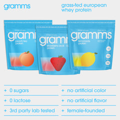 GRAMMS gluten-free zero-sugar label promotes clean ingredients and digestion comfort.