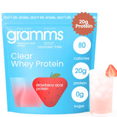 Front view of GRAMMS Clear Protein Powder Strawberry Acai