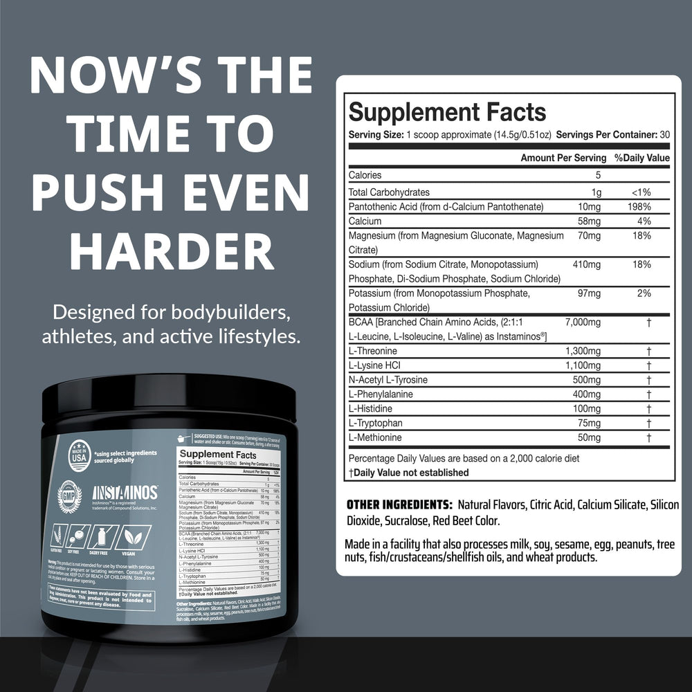 Close-up of 10g EAAs and 7g BCAAs per serving label
