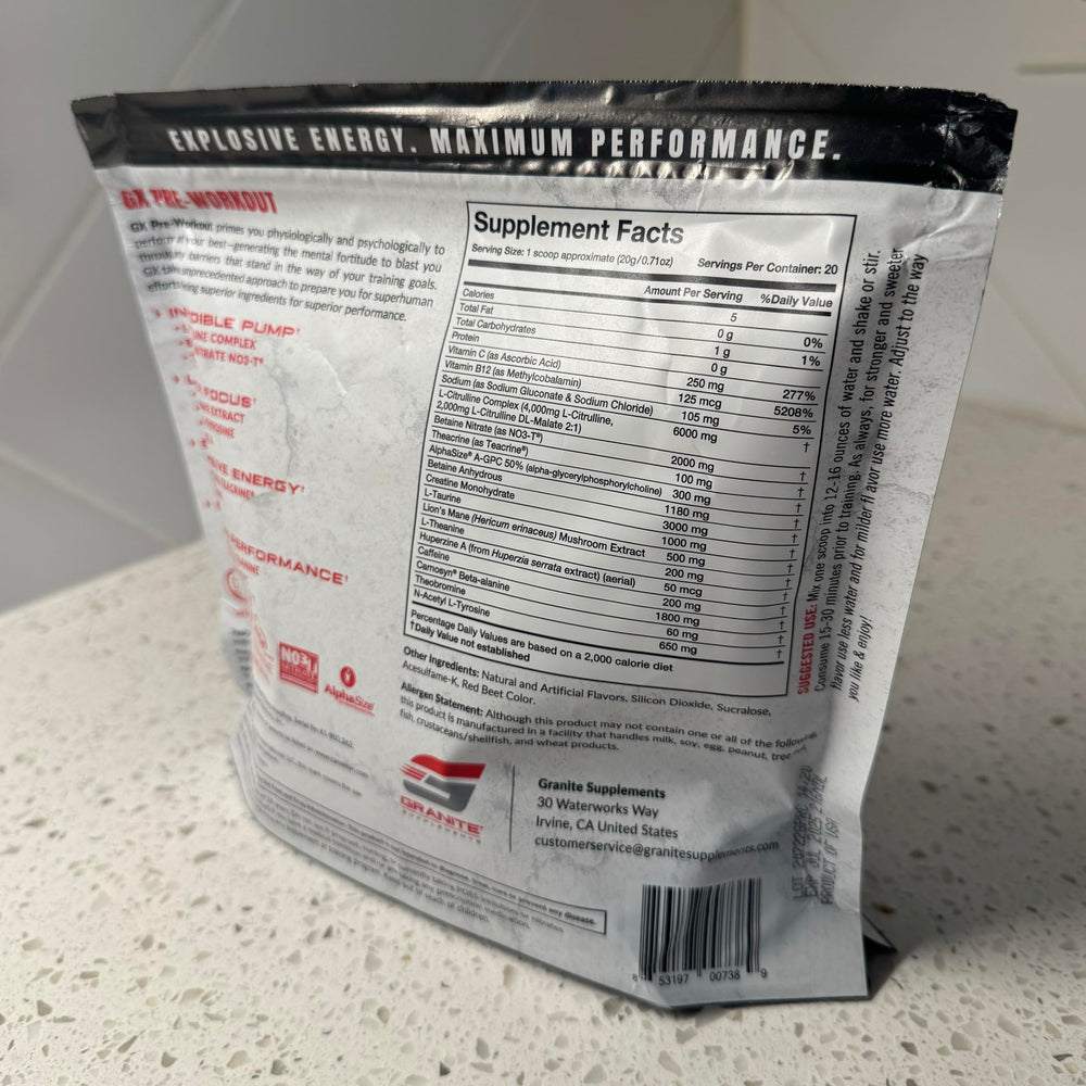 Granite GX label closeup emphasizes L-Citrulline and Teacrine benefits