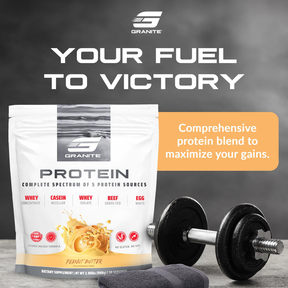 Granite Supplements five-source blend bottle showing balanced amino release