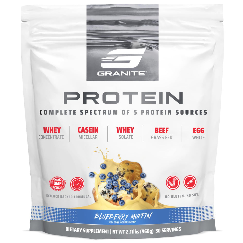 Granite Supplements protein powder bottle blue blueberry muffin shows post-workout fueling option.