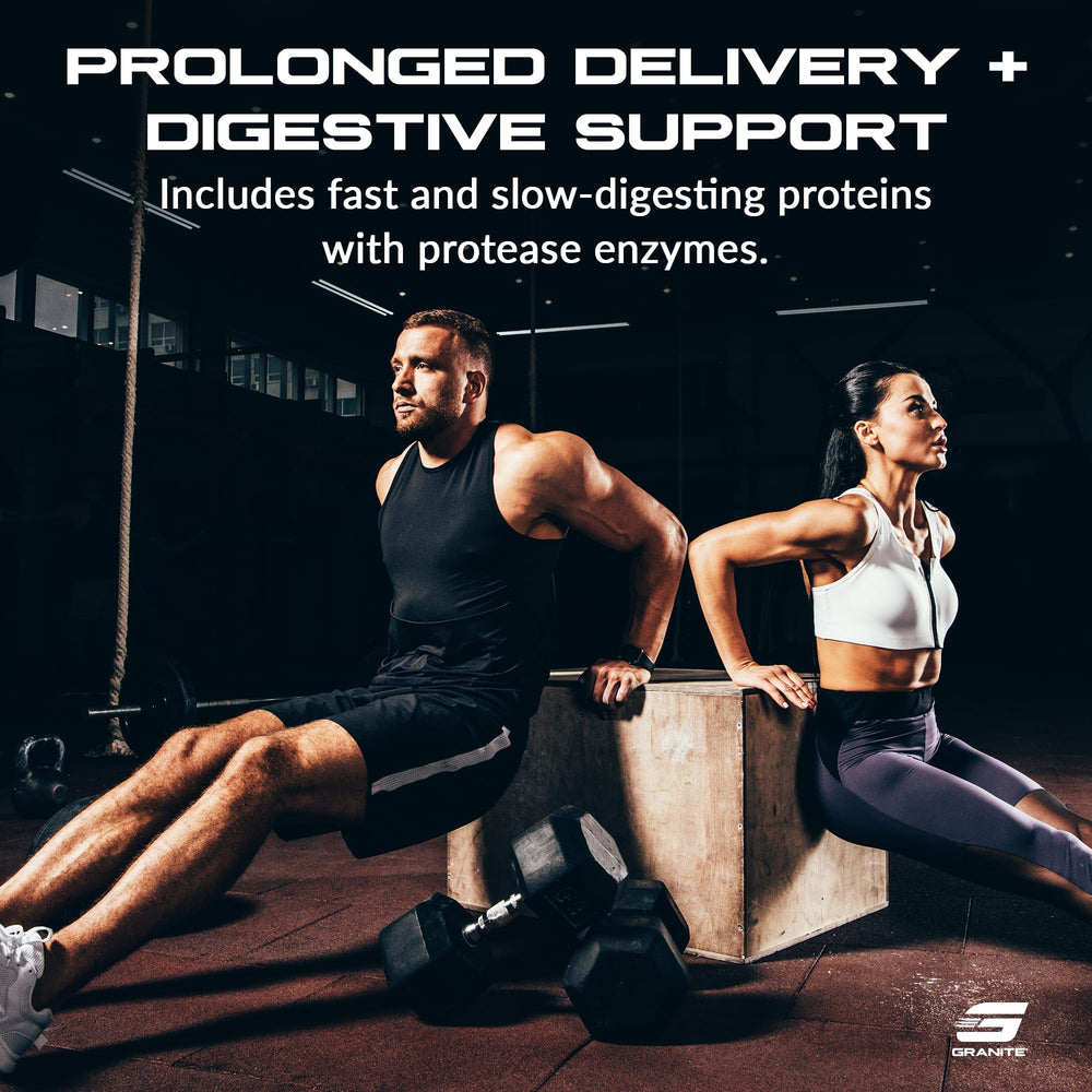 Granite Supplements protein powder blue packaging communicates clean, premium multi-source formula.