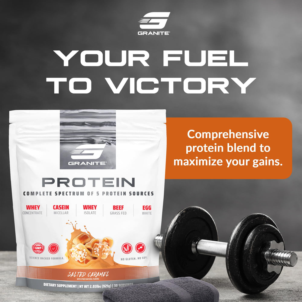 Granite Supplements Protein Powder tub side view with nutrition facts for mindful fueling.
