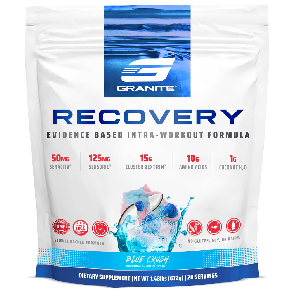 Granite Supplements Recovery Intra Blue Crush bottle highlights flavor and post-workout hydration.