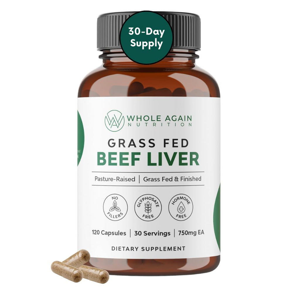Grass-fed beef liver capsules on white background
