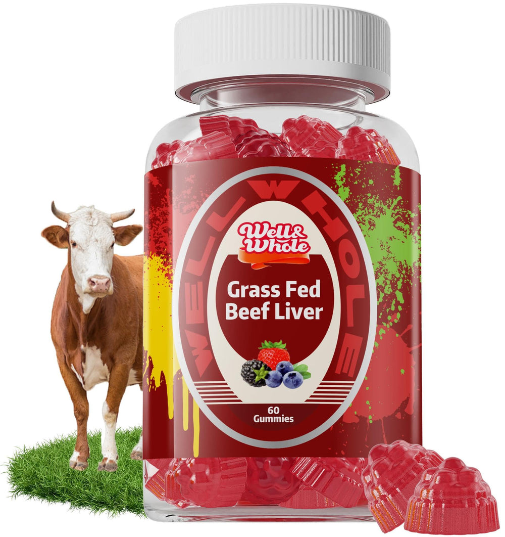 Grass-fed beef liver gummies bottle on white background