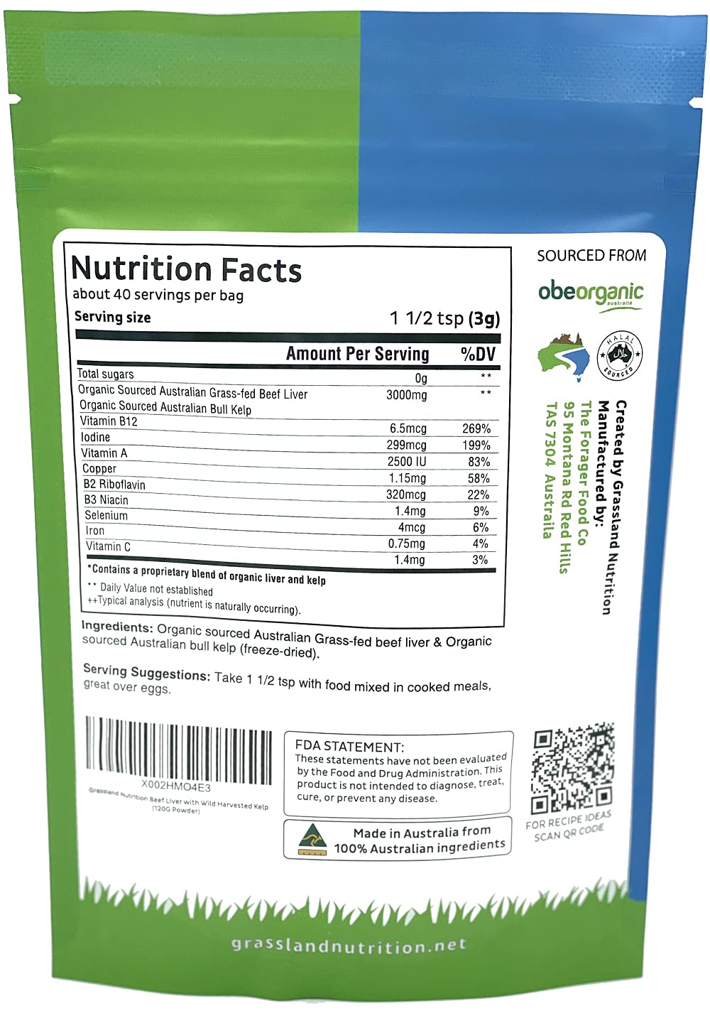 Nutrition-rich beef liver and kelp energy powder - 120g - packaging and scoop